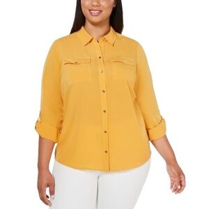 (NWT) Charter Club Women's Gold Button Front Roll-Tab Sleeve Shirt Plus 0X
